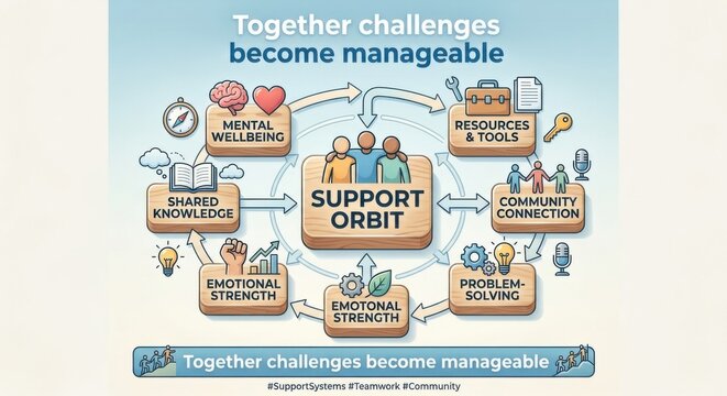 Support Orbit Diagram: Teamwork, Community, and Resources for Managing Challenges