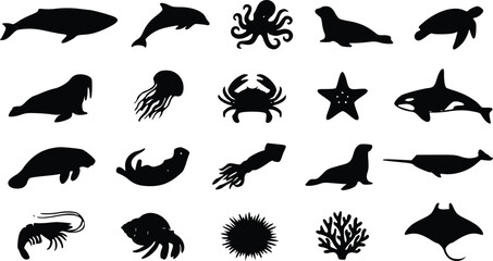 Set of black silhouettes of sea animals including whale dolphin octopus turtle crab starfish orca seal jellyfish squid otter sea urchin and ray © Nimy_