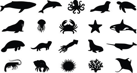 Set of black silhouettes of various sea animals and ocean creatures including whale dolphin octopus turtle crab and fish for marine design projects © Nimy_