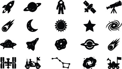 Set of black space and astronomy icons featuring rockets planets astronauts stars and galaxy symbols for science and technology design projects © Nimy_
