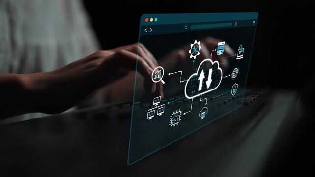 Futuristic Hands Typing on Keyboard with Cloud Technology Overlay and Digital Icons for Data Transfer, Backup, and Connectivity in Dark Setting. Entropy.