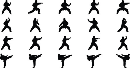 Set of black karate fighter silhouettes showing various martial arts poses and kicking movements for self defense training and sport competition © Nimy_