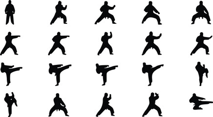 Set of black silhouettes showing people practicing karate martial arts with different fighting stances and high kicks in a collection of poses © Nimy_
