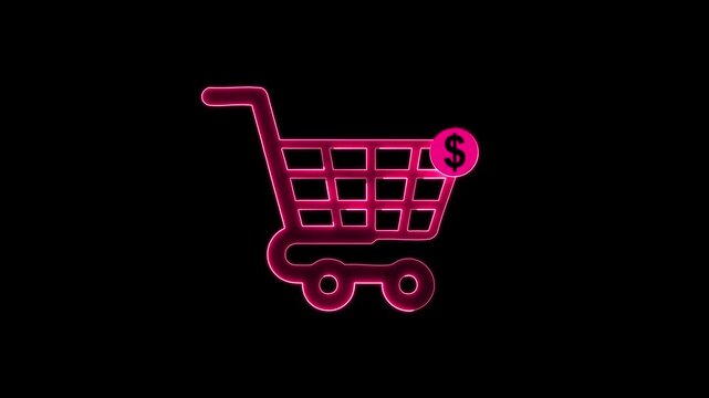 These icons show shopping carts in blue or pink neon with a red dollar sign badge, symbolizing priced items, paid status, or financial costs within a digital store.