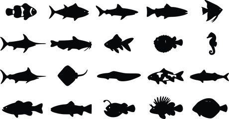 Set of black fish silhouettes including shark tuna clownfish and other sea creatures for marine life design collection and aquatic animal icon © Nimy_