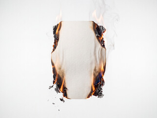 Burning blank white sheet of paper with open fire and smoke on white background © Yulia