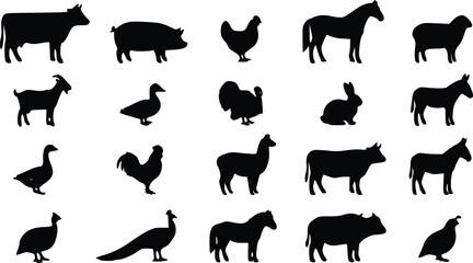 Set of black farm animal silhouettes including cow pig horse chicken duck turkey rabbit goat sheep goose llama donkey and peacock in a group © Nimy_