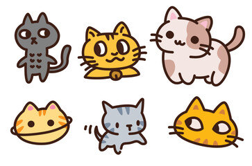 Fototapeta premium Cute Kawaii Cat Character Doodle Sticker Set, Hand Drawn Funny Kitten Collection Vector Illustration