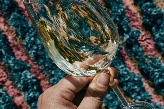 Glass of white wine held by a hand in a vibrant vineyard, featuring swirling liquid and colorful foliage for viticulture and wine tasting themes