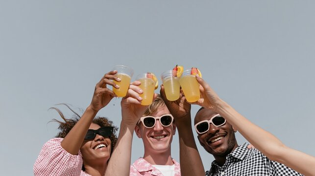 Group of diverse friends toasting with cocktails against a clear sky, showing candid joy and bright summer energy, for friendship and social celebration