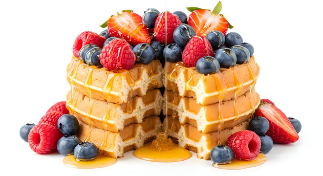 Stack of delicious golden waffles topped with fresh mixed berries and maple syrup