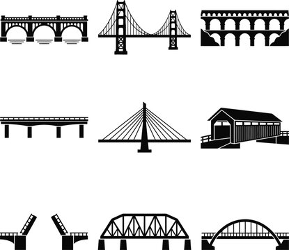Collection of various bridge designs rendered in black silhouettes on transparent background offering diverse architectural styles for urban planning.