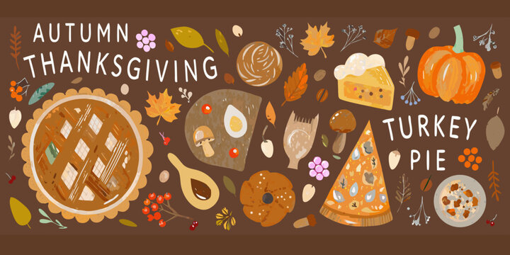 Autumn Thanksgiving illustration with pie pumpkin and seasonal foliage