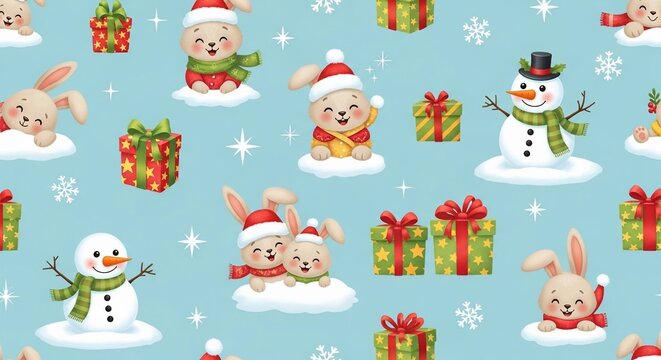 Festive Frolics: Snowmen and Bunnies Under a Starry Sky