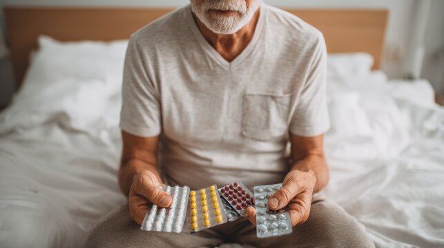 Senior man sitting on bed holding multiple blister packs of medication