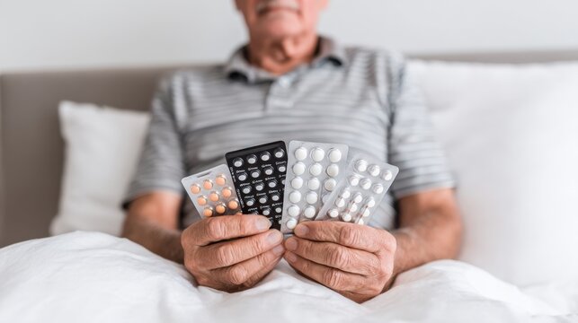 Senior man holding multiple blister packs of medication while sitting in bed