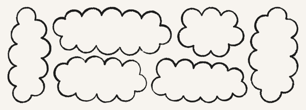 Hand Drawn Crayon Scribble Clouds in Black Colors. Vector Doodle Shapes with Chalk Texture. Pencil Bubble Frames and Borders in Kids Style for for Photos, Labels, Stickers, Scrapbook Designs.