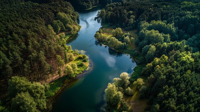 River flowing through lush green forest in tuchola natural park, scenic aerial landscape with pristine woodland, crystal clear waterway, protected nature reserve, peaceful wilderness, summer environme