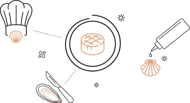 Gourmet seafood restaurant outline concept set featuring chef hat oyster shucking knife scallops and sauce bottle vector illustration