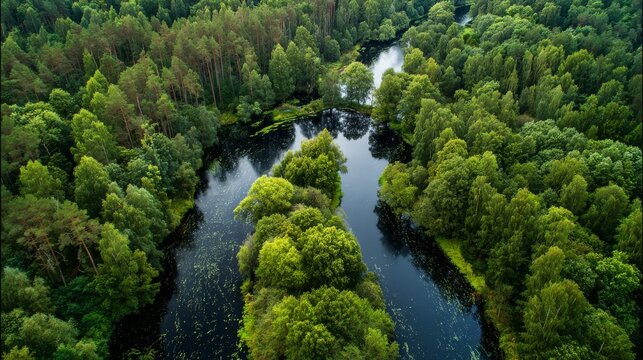 River flowing through lush green forest in tuchola natural park, scenic aerial landscape with pristine woodland, crystal clear waterway, protected nature reserve, peaceful wilderness, summer environme