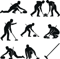 Naklejka premium Solid black silhouette illustrations of curling players engaged in action sweeping ice and sliding stones on a checkered background, active lifestyle.