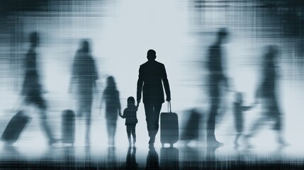 Fototapeta premium Silhouettes of people walking amidst a blurred, digital background, featuring a central figure holding a child's hand and pulling a suitcase.