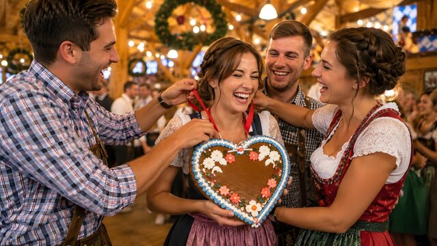 Happy friends celebrating Oktoberfest with a gingerbread heart in a beer tent.