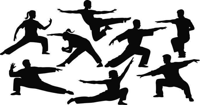 Set of black silhouettes showing people practicing martial arts and kung fu poses on a white background