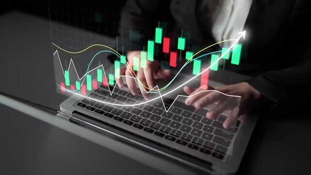 A businessman uses a laptop to analyze financial data, with digital charts displaying market trends and growth indicators in a modern office environment. Copula