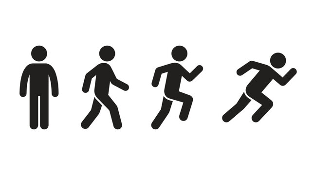 Black stick figure human motion sequence showing businessman standing walking jogging running icons on white background, perfect for career growth presentation, infographics and mobile app design