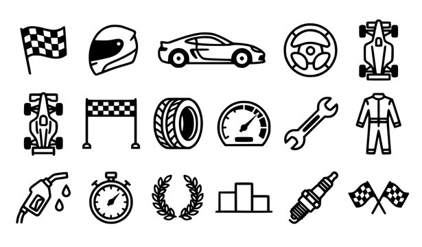 Set of eighteen racing icons with car helmet wrench fuel pump suit and trophy black and white vector icon set
