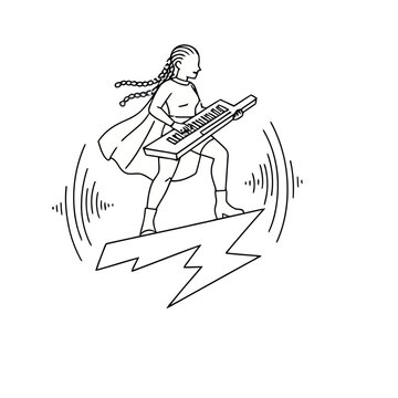 Woman with keytar standing on lightning bolt