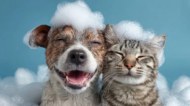 Happy dog and cat with soap bubbles enjoying bath time together