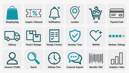 Fototapeta premium Collection of modern minimalist line icons for e-commerce and online shopping website design featuring shopping bag, cart, delivery truck, payment card, and customer support symbols