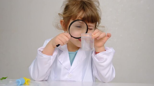 Laboratory examination of a child with test tubes, reagents and a microscope. Selective focus.