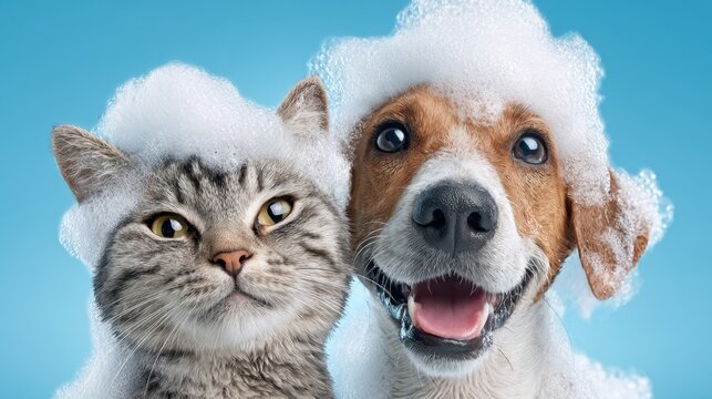 Cute cat and dog covered in soap foam during bath time on blue background
