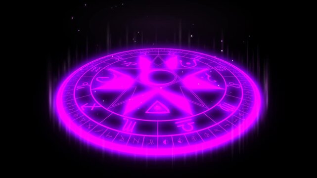 Glowing violet magic circle igniting on dark floor with soft shockwave and rising light curtain, zodiac rune ritual summoning portal in perspective for fantasy game VFX overlay in 4K