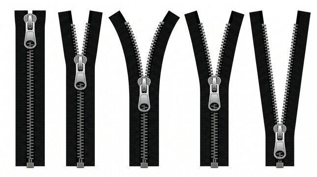 Set of black clothing metallic zippers in open and closed positions on white background, perfect for fashion design mockups, sewing project templates and tailoring illustrations