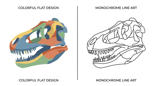 Dinosaur Skull Comparison: Colorful Flat Design vs. Monochrome Line Art