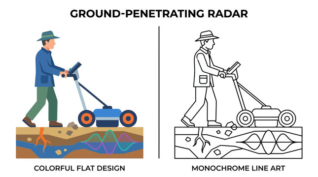 Ground Penetrating Radar (GPR) survey: Flat design vs. Line art illustration