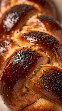 Braided challah bread being sliced with metal knife in warm indoor kitchen light macro