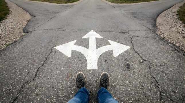 Strategic decision making and career crossroads concept from a first person perspective standing at a three way road junction