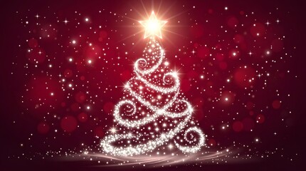 Obraz premium Abstract glowing christmas tree illustration with sparkling lights and a bright star on a deep red festive background