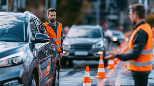 A student driver practices parallel parking between cones on a training course, focusing on precision and skill development in a controlled environment.