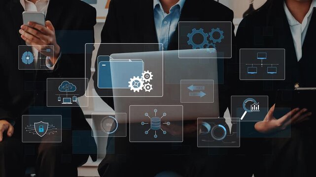 Group of business professionals engage with technology solutions using laptops and tablets, surrounded by digital data graphics in a modern workspace. Raster