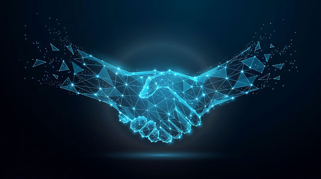 Low poly wireframe digital handshake representing technology business deal and partnership