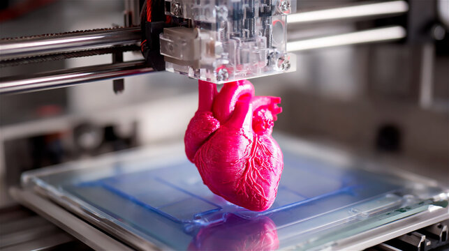 3D printer printing human heart bioprinting medical technology innovation artificial organ transplant biological research healthcare science future concept close up