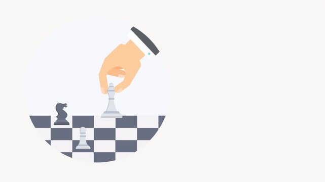 Animated chess game strategy with hand moving a piece on a board.