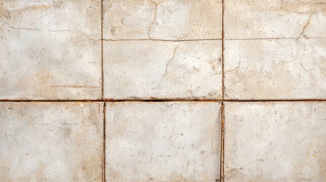 close-up view of a beige, weathered tiled wall with visible cracks, stains, and slight rust marks along the grout lines.