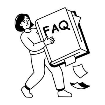 Woman holding a large mobile screen displaying frequently asked questions.
